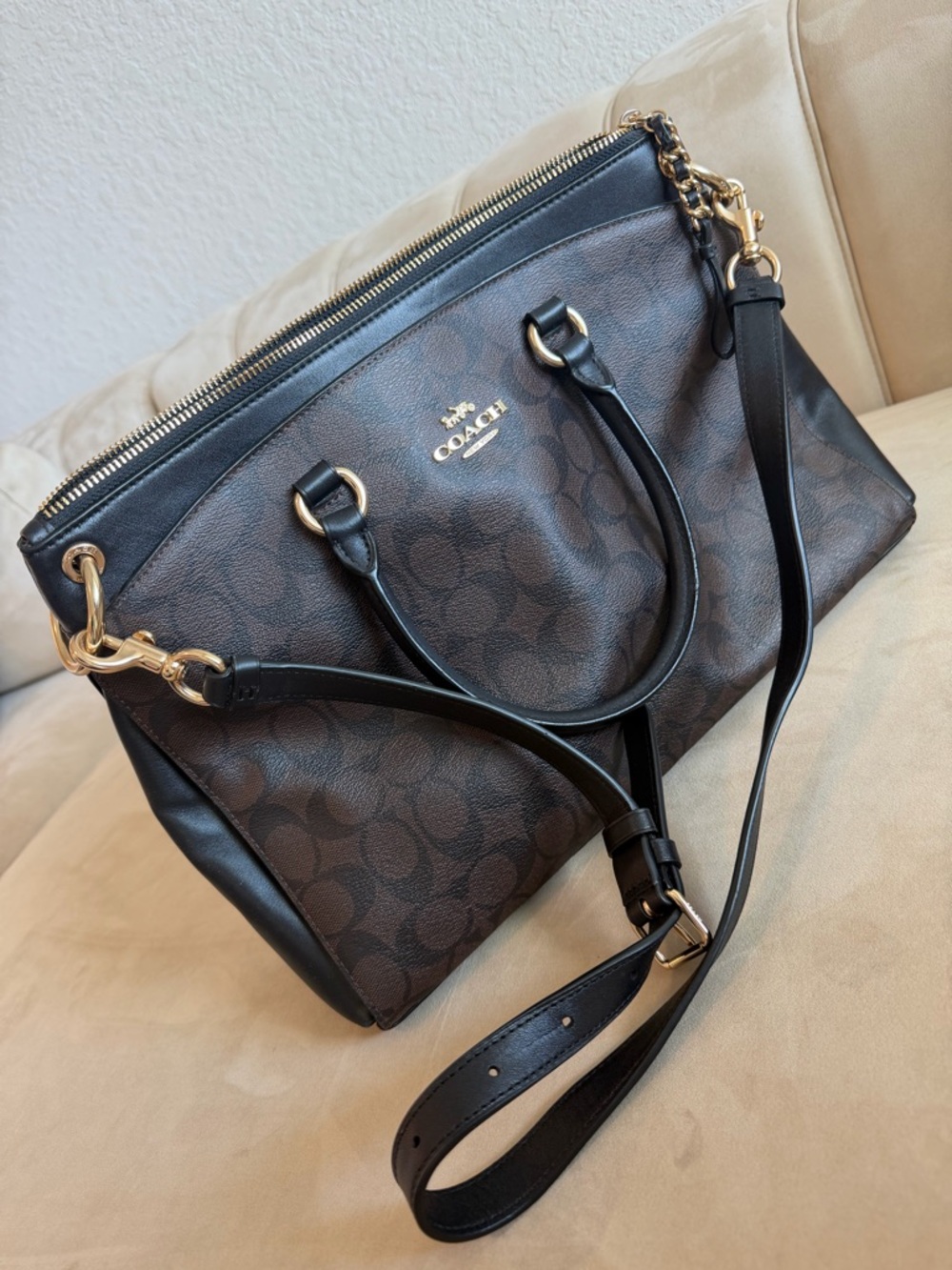 Coach Brown Signature Canvas Satchel with Black Trim and Gold Hardware